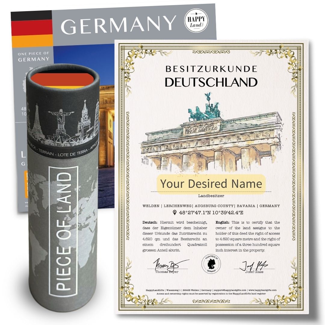 Cylindrical box with Germany landmarks silhouette and certificate featuring Brandenburger Tor illustration and customizable.