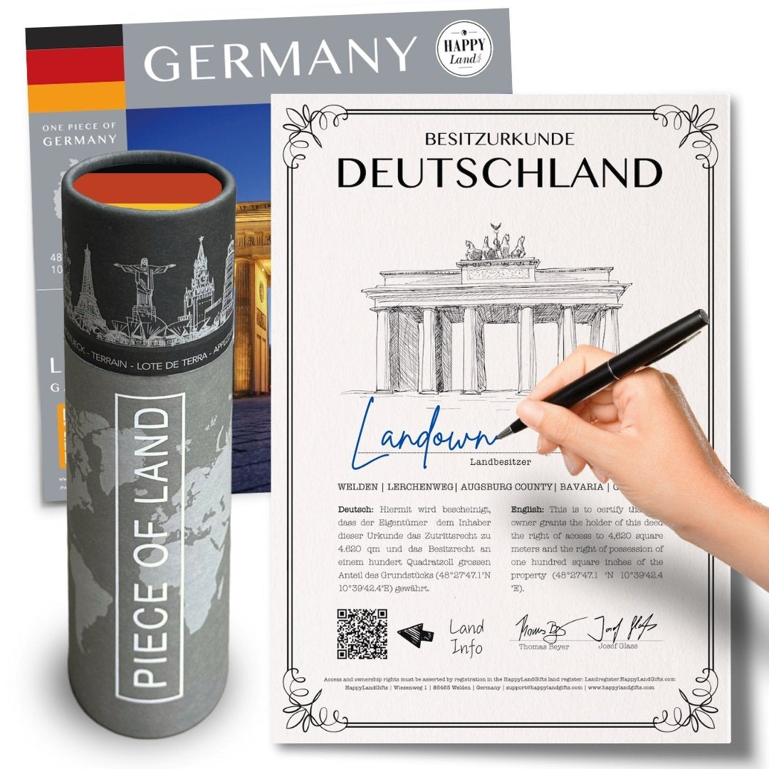 Scrollable black tube with Germany landmarks and text "Piece of Land" alongside personalized certificate featuring.