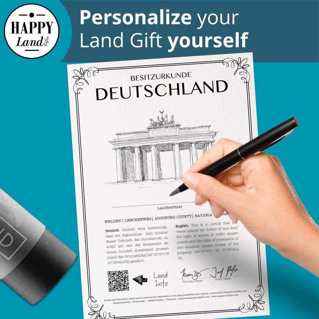 Hand signing a "Besitzurkunde Deutschland" certificate with Brandenburg Gate illustration on white paper.