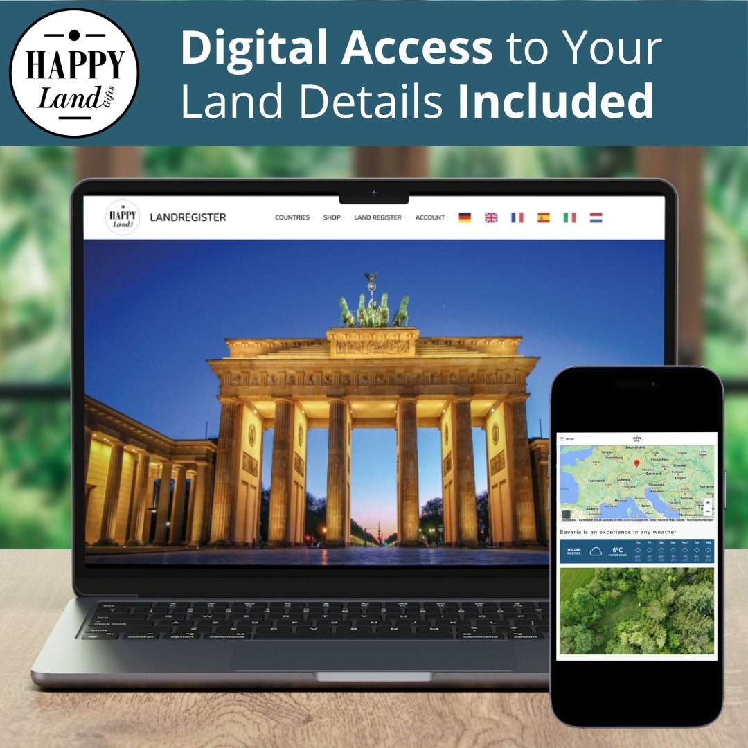 Laptop displaying Brandenburg Gate on screen and smartphone showing map and satellite images.