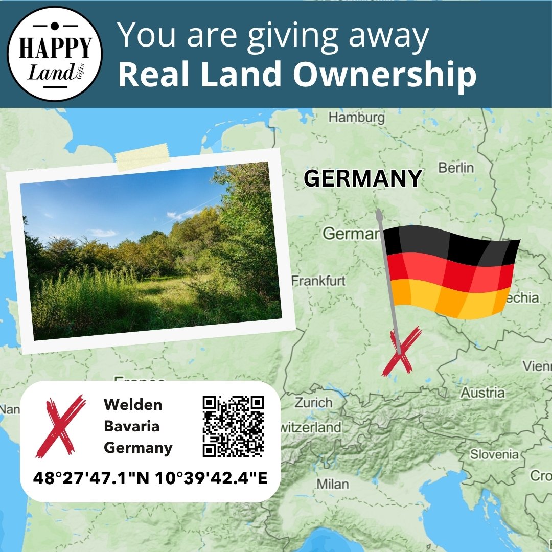 Map of Germany with a red X marking Welden, Bavaria, next to a photo of green countryside and a German flag graphic.