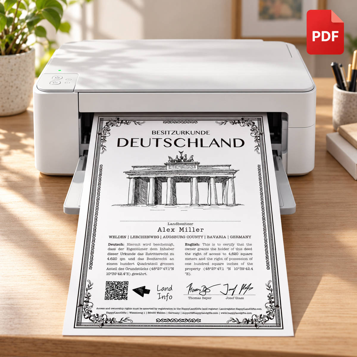 HappyLandGifts – Piece of Land Germany Digital: persönliches Geschenk mit einem Stück Deutschland und Urkunde zum Selbstausdrucken am Drucker / personalized gift with a piece of land and printable certificate