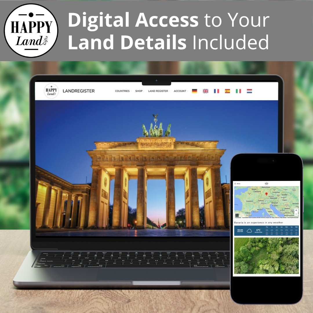 Laptop displaying Brandenburg Gate at dusk with smartphone showing map and forest aerial view.