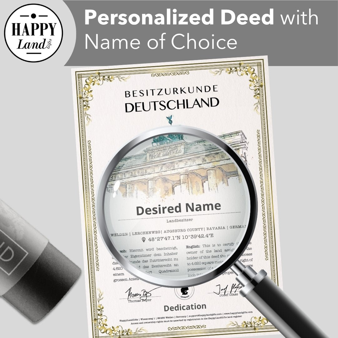 Certificate titled Besitzturkunde Deutschland with customizable name under magnifying glass and black pen on side.