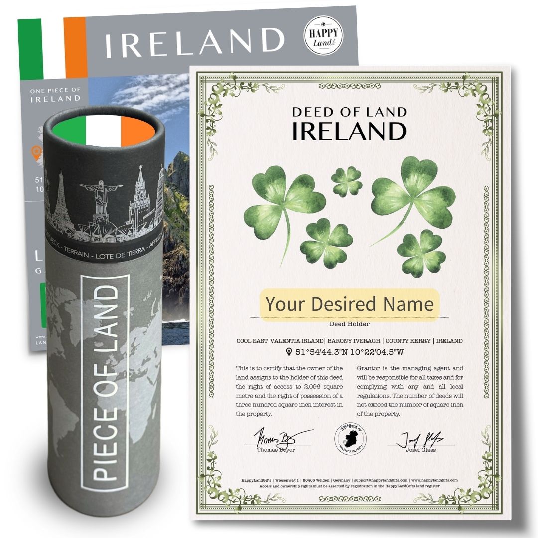 Cylinder packaging with Ireland design and certificate of land deed featuring clover illustrations and customizable name.
