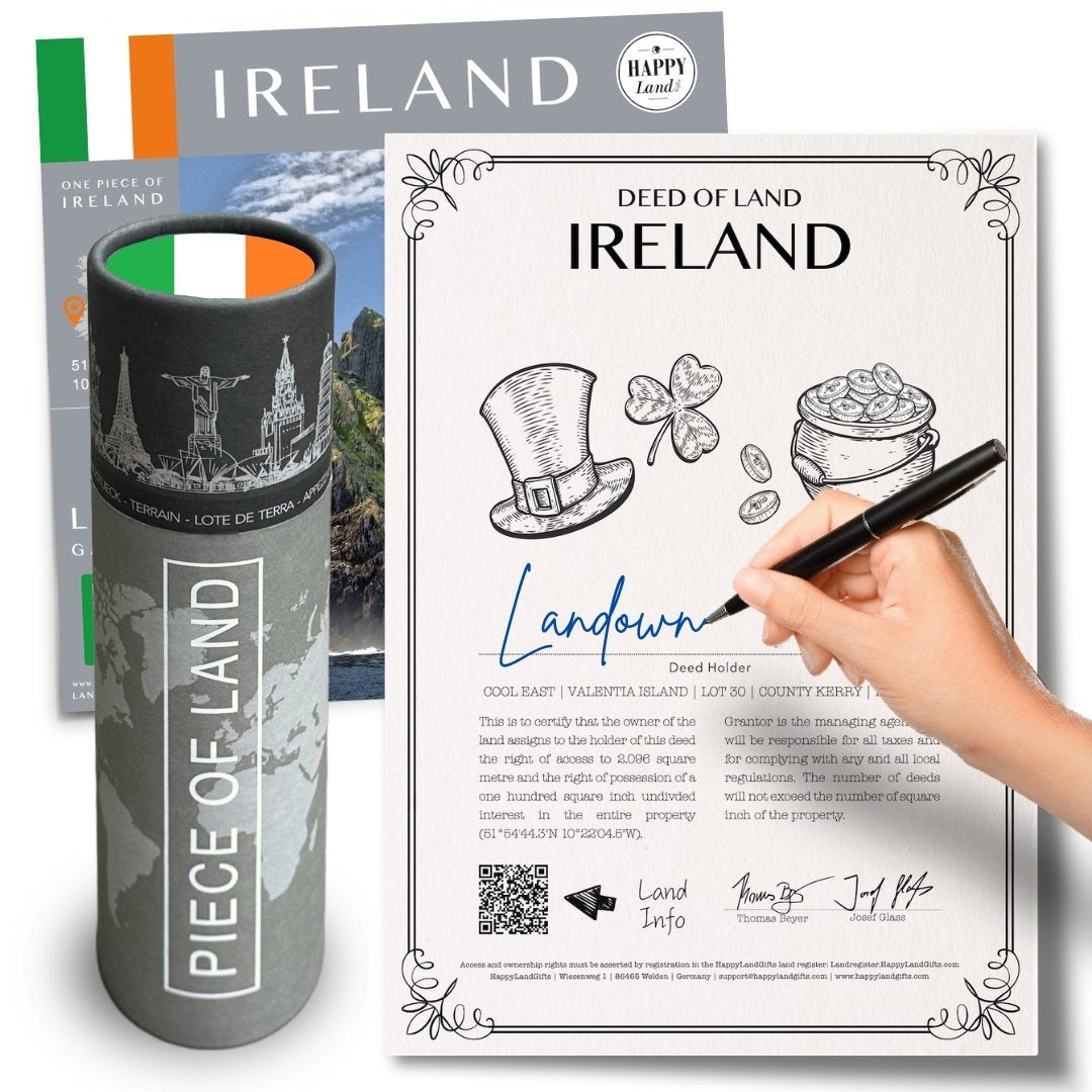 Personalized deed of land certificate for Ireland with Irish flag and decorative illustrations, presented with a black tube.