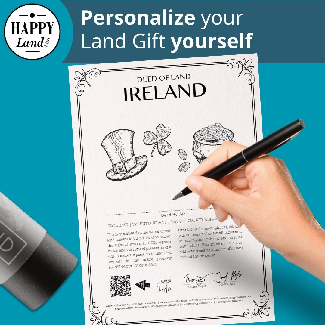 White certificate titled "Pied of Land Ireland" with hand adding signature and black pen on turquoise background.