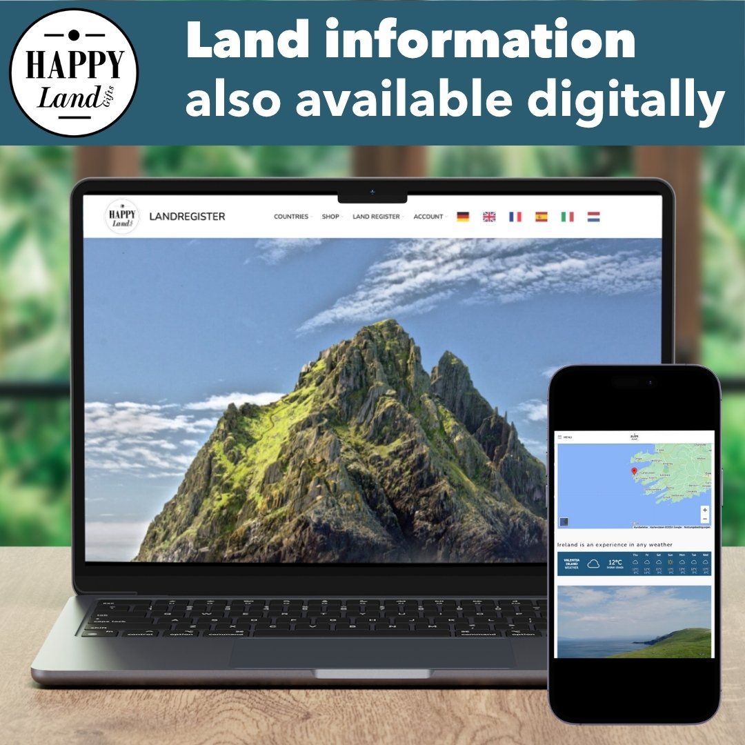 Laptop displaying a rocky green island under blue sky and a smartphone showing map location and island photo.