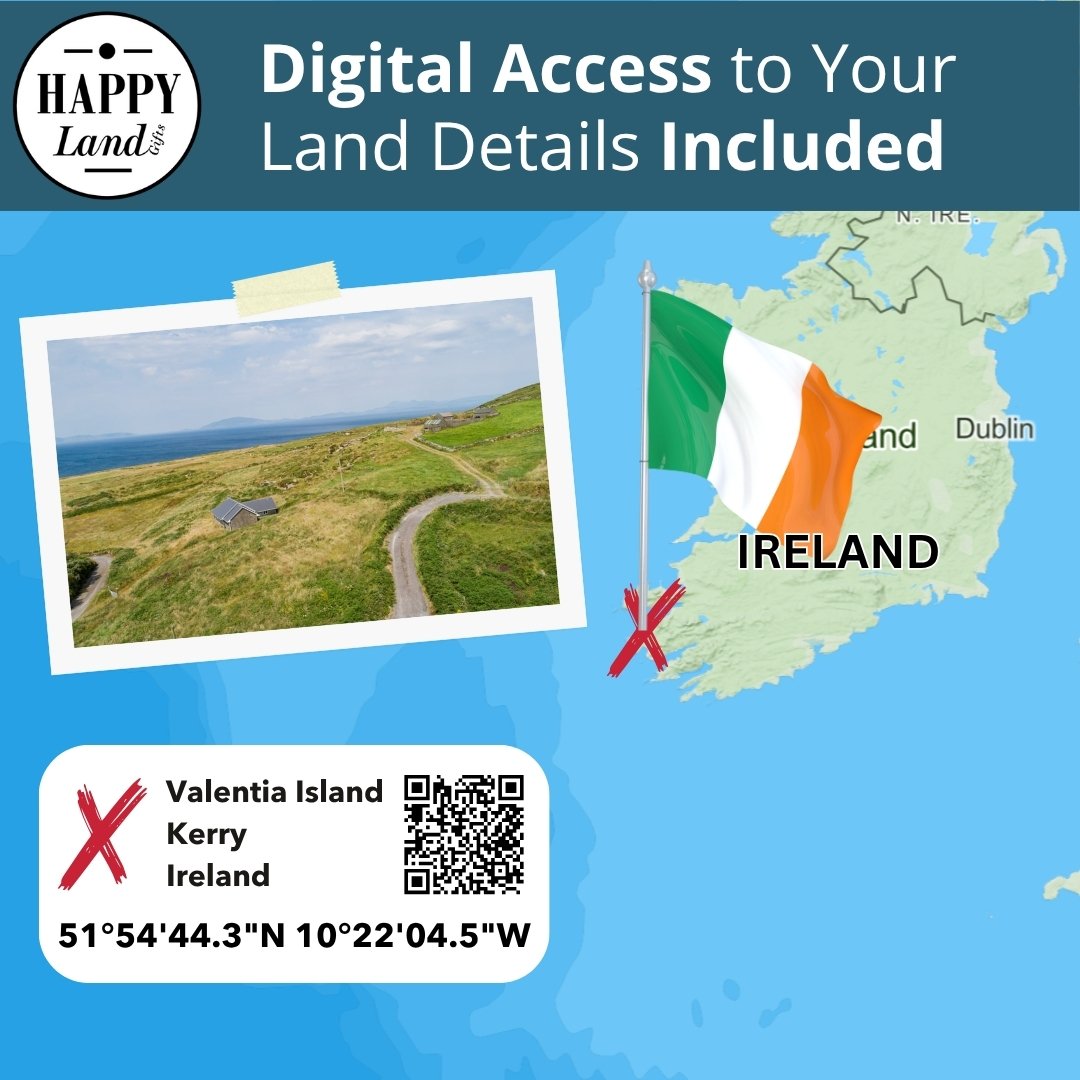 Aerial view of Valentia Island landscape with green fields and rugged coastline, Irish flag, and map of Ireland highlighting .