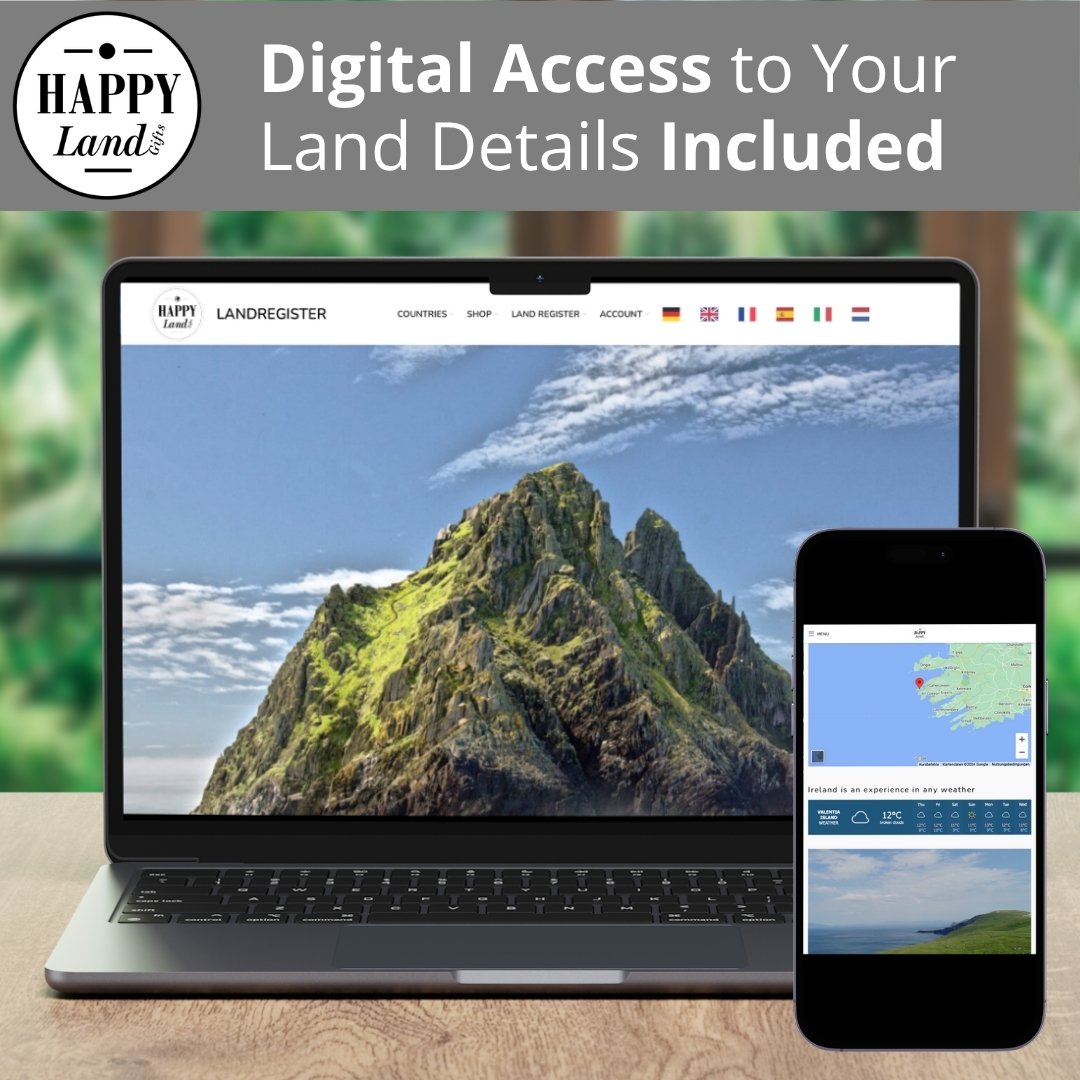 Laptop and smartphone displaying a rocky island with green vegetation and blue sky on website digital access to land details.