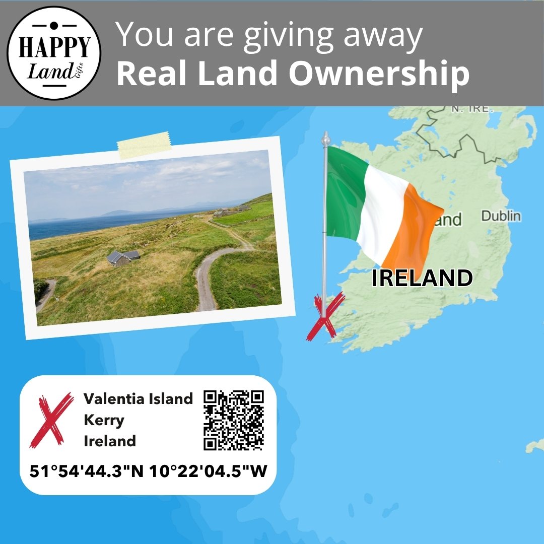 Map of Ireland with Irish flag marking Valentia Island, Kerry, showing GPS coordinates and aerial photo of green coastal land.
