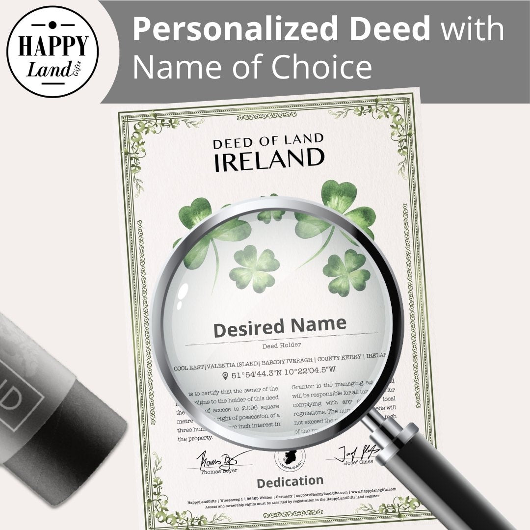 Magnifying glass highlighting personalized deed of land Ireland with clover illustrations and signature lines.
