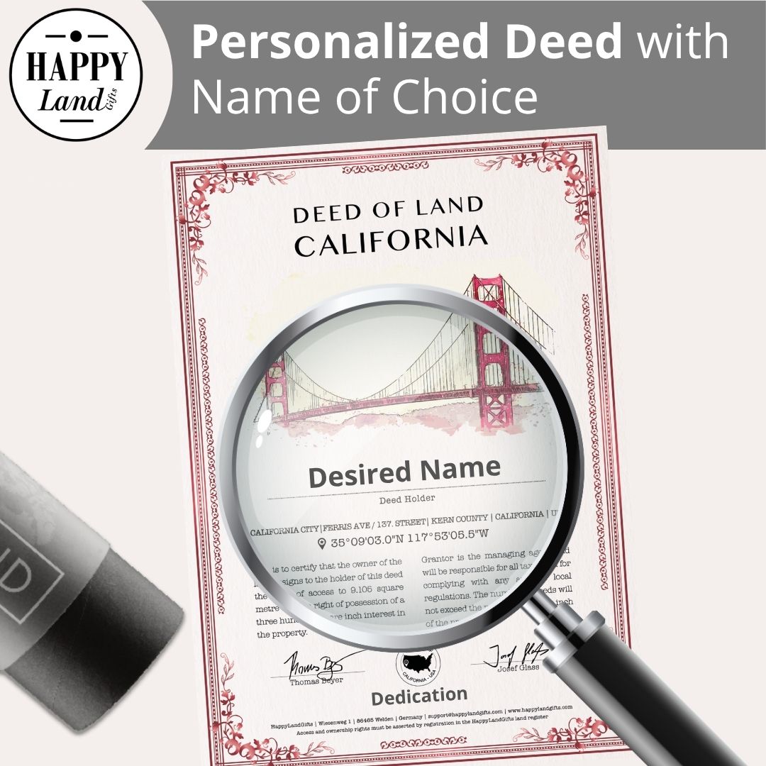 Personalized California land deed with magnifying glass and black pen on light background.