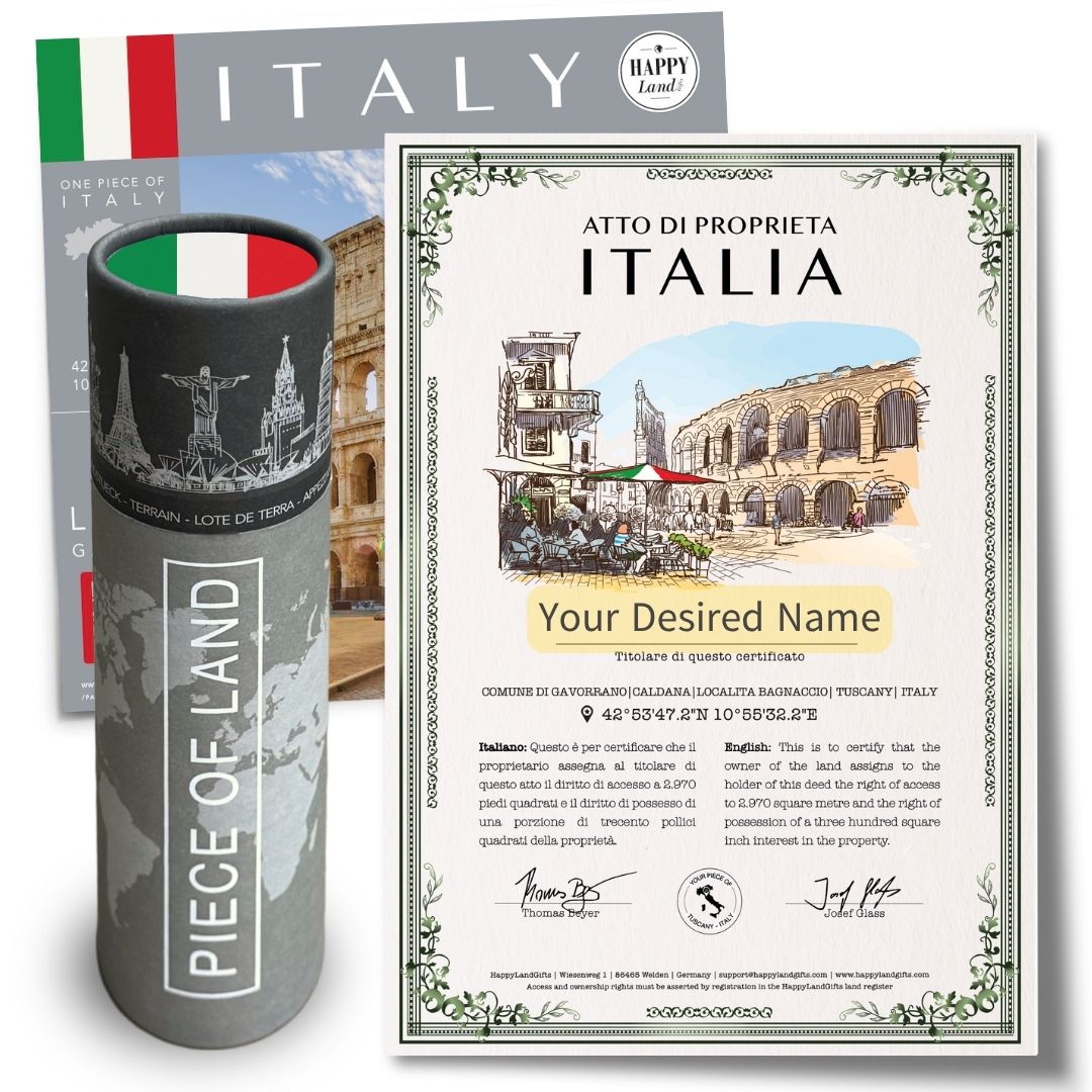 Cylinder gift box with Italian flag design and personalized Italy ownership certificate featuring landmark illustrations and .