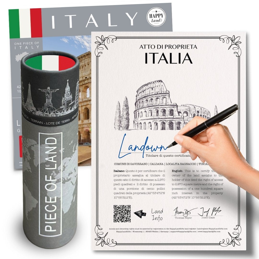 Decorative document titled "Atto di Proprieta Italia" with hand signing below an illustration of the Colosseum, next to a.