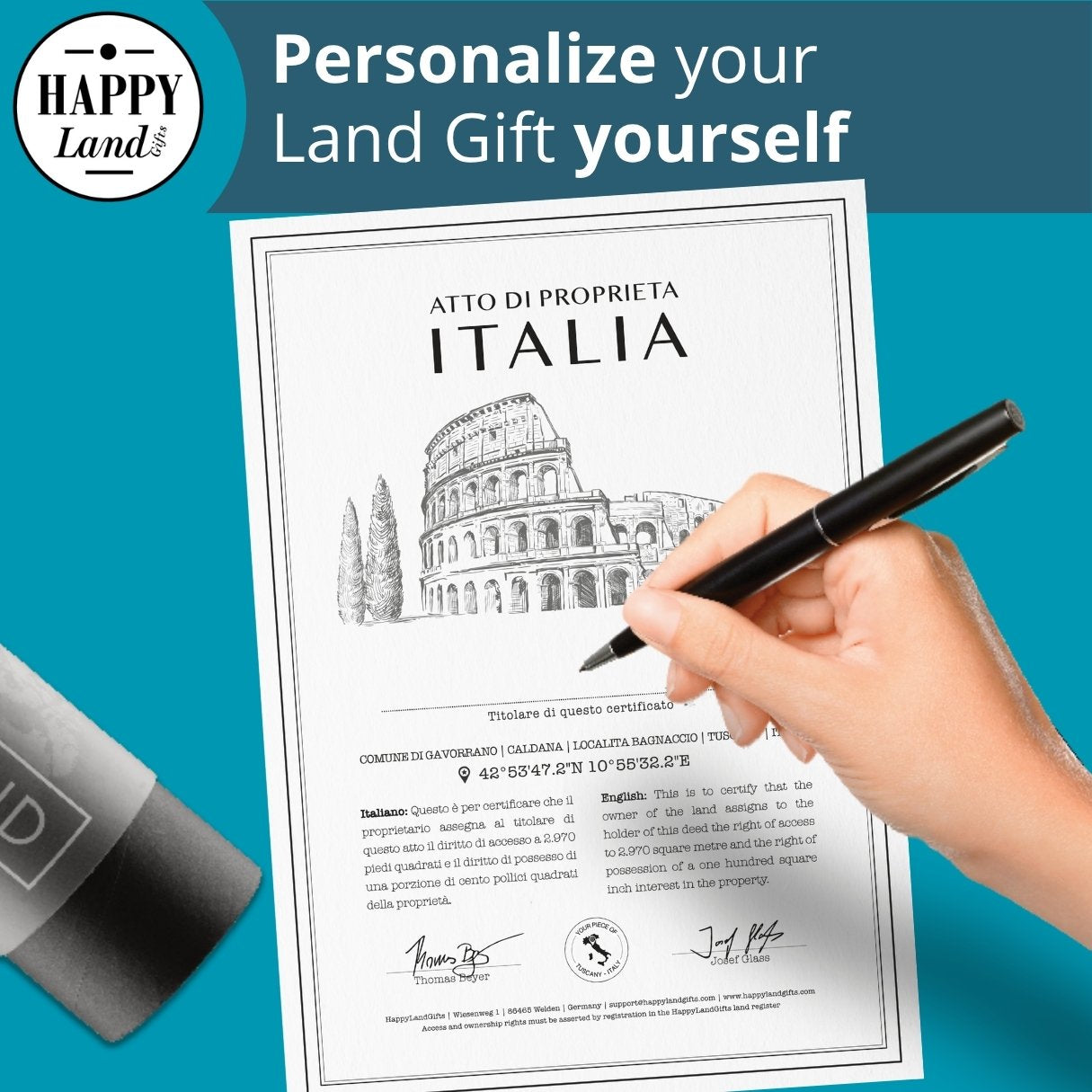 Certificate titled "Atto di Proprieta Italia" with a sketch of the Colosseum and a hand signing it using a black pen.