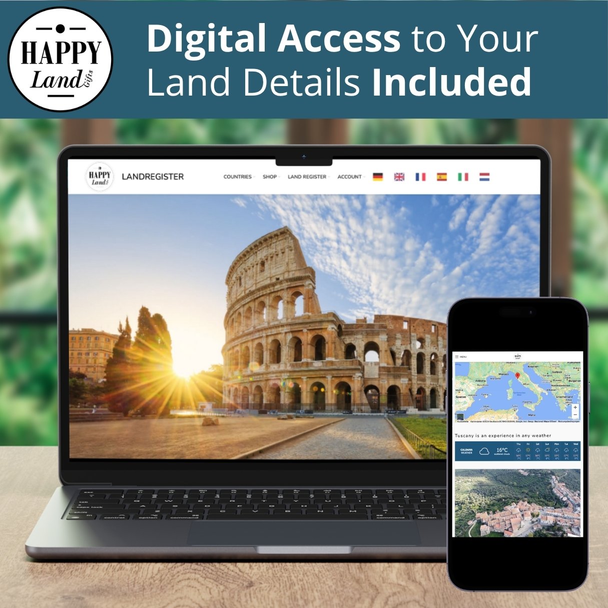 Laptop screen showing the Colosseum at sunset and smartphone displaying Italy map on Landgeschenk website.