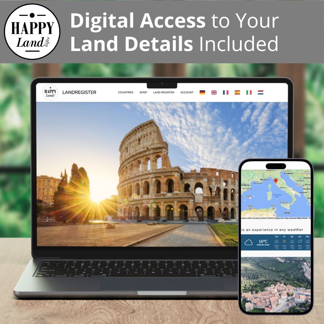 Laptop screen showing a digital photo of the Colosseum in Rome at sunset with a smartphone displaying a map and aerial view.