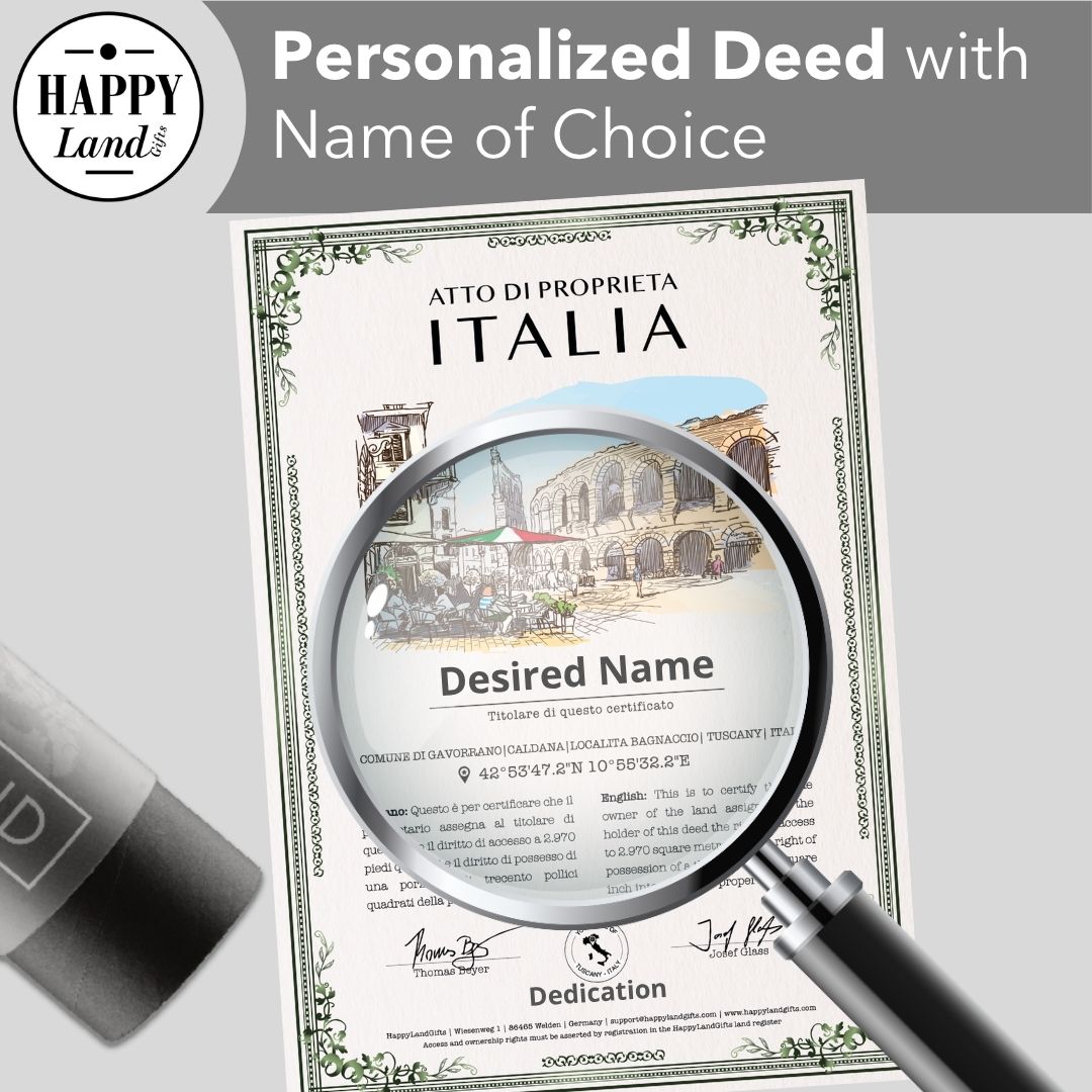 Personalized Italian property deed with vintage Italy illustration and customizable name under magnifying glass.