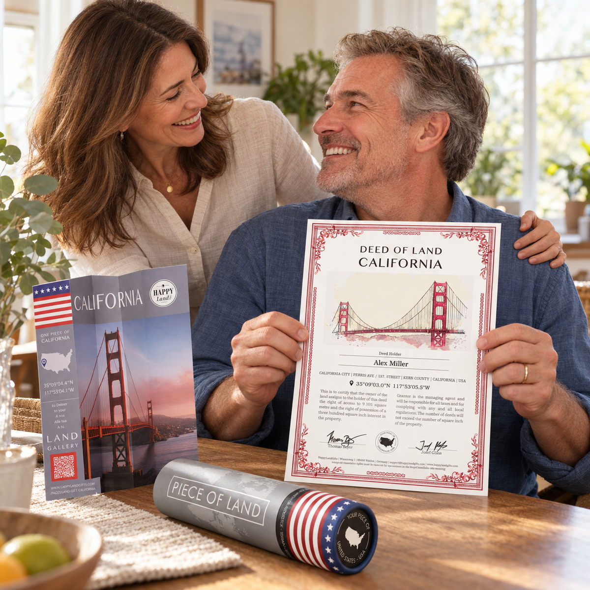Zwei Menschen freuen sich über ein Kalifornien-Landgeschenk mit persönlicher Urkunde und USA-Geschenkrolle