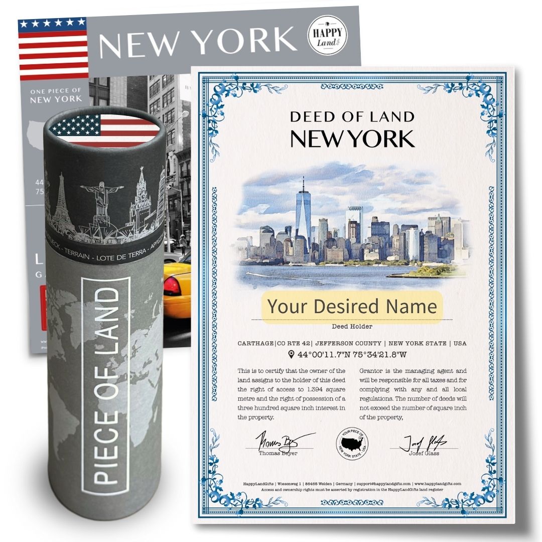 New York cityscape steel cylinder with American flag lid and customizable land deed certificate.