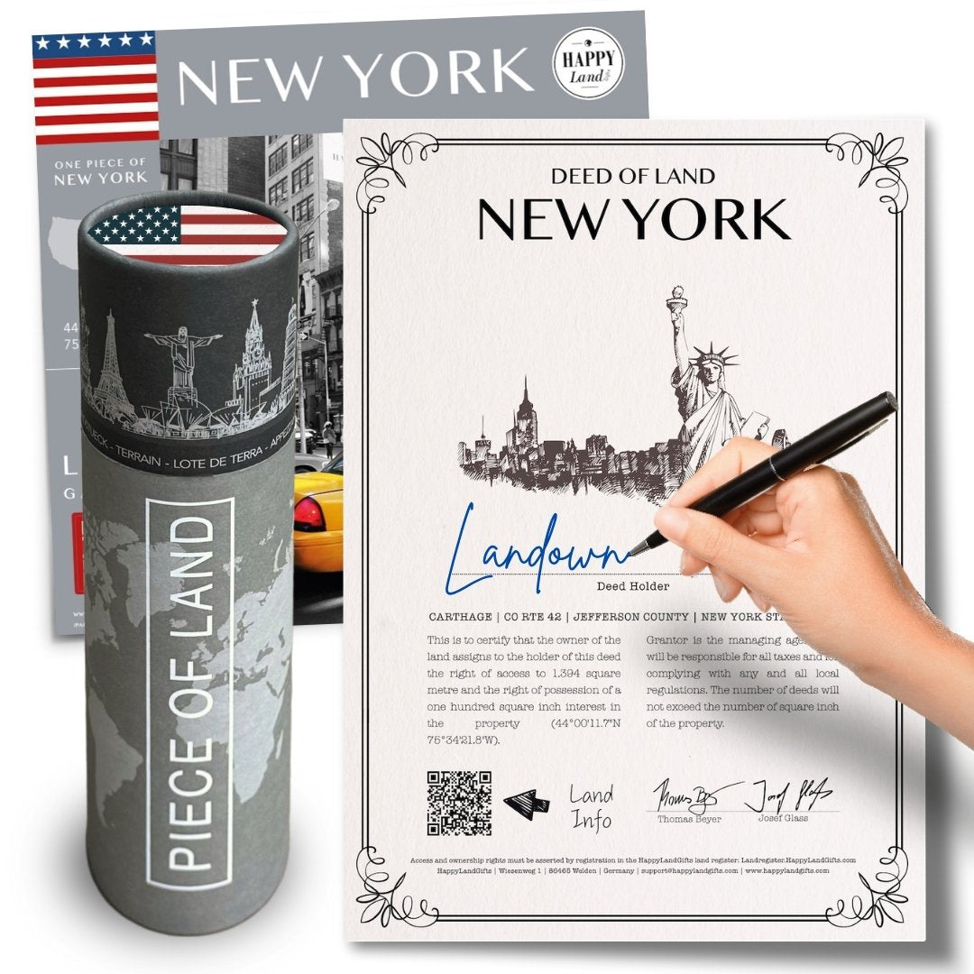 Personalized New York land deed with black pen, decorative tube with Statue of Liberty and Manhattan skyline design, USA.
