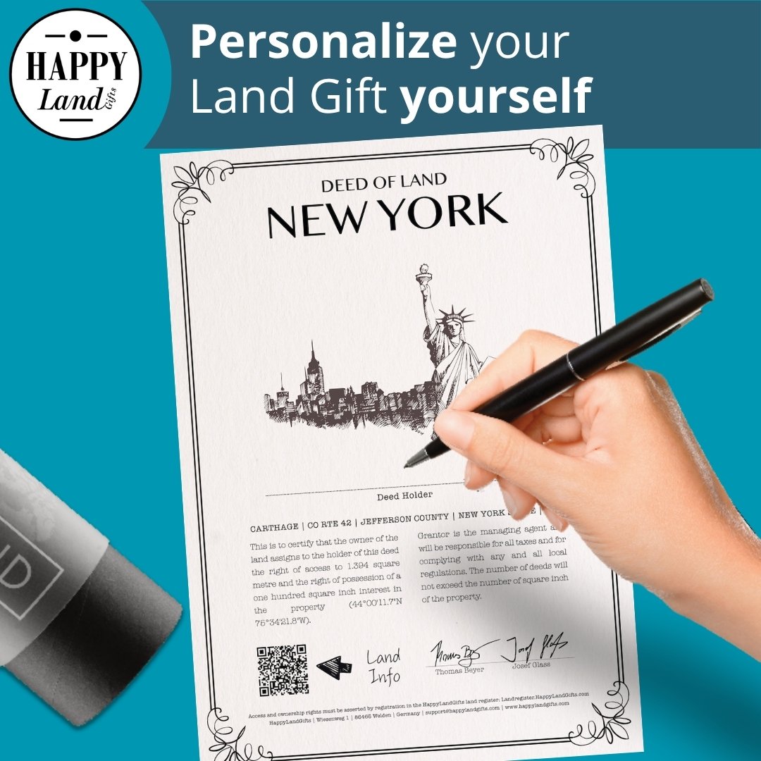 Personalized New York land deed with skyline illustration and hand signing, black pen and tube nearby.