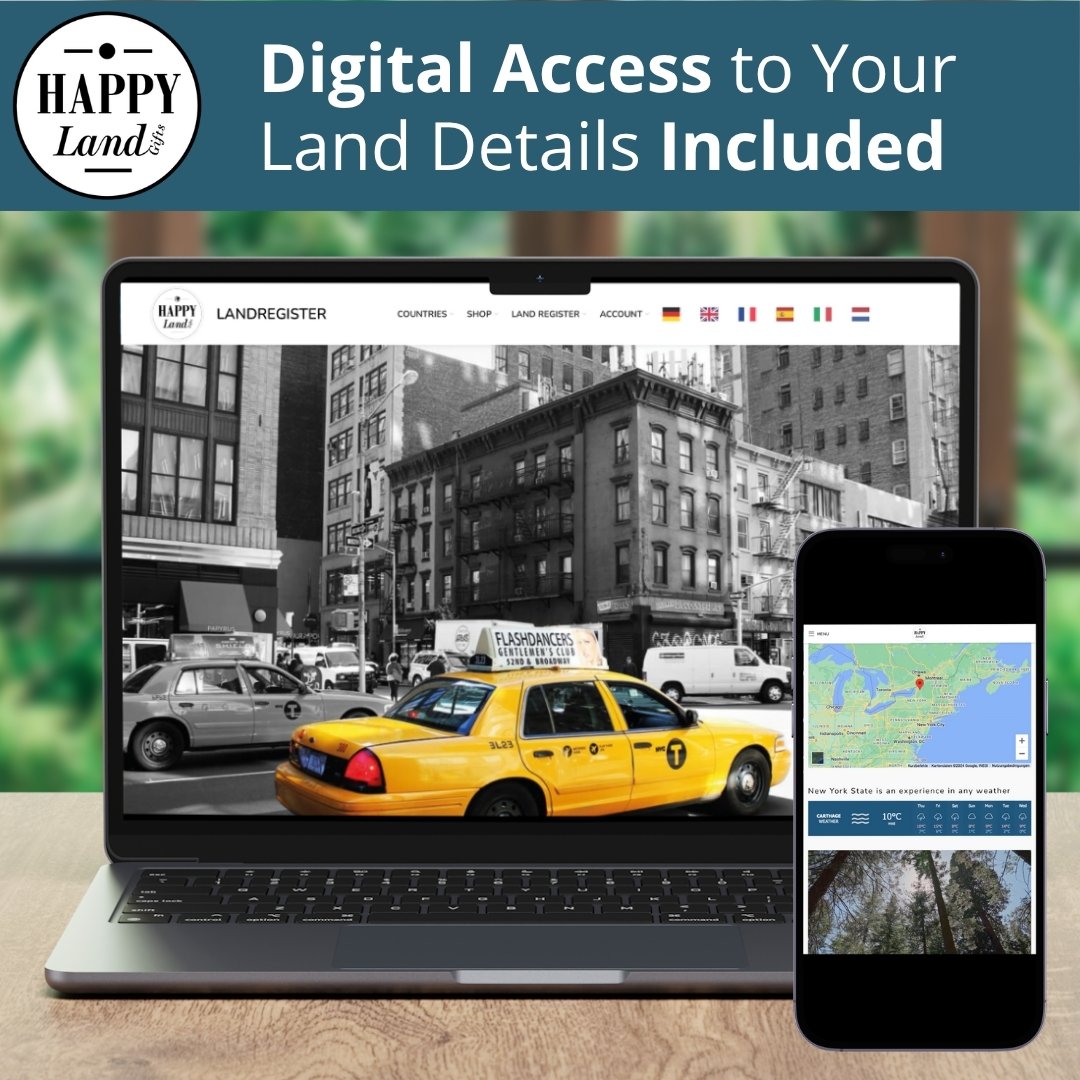 Laptop displaying a black-and-white New York street scene with a yellow taxi, next to a smartphone showing a map and photo.