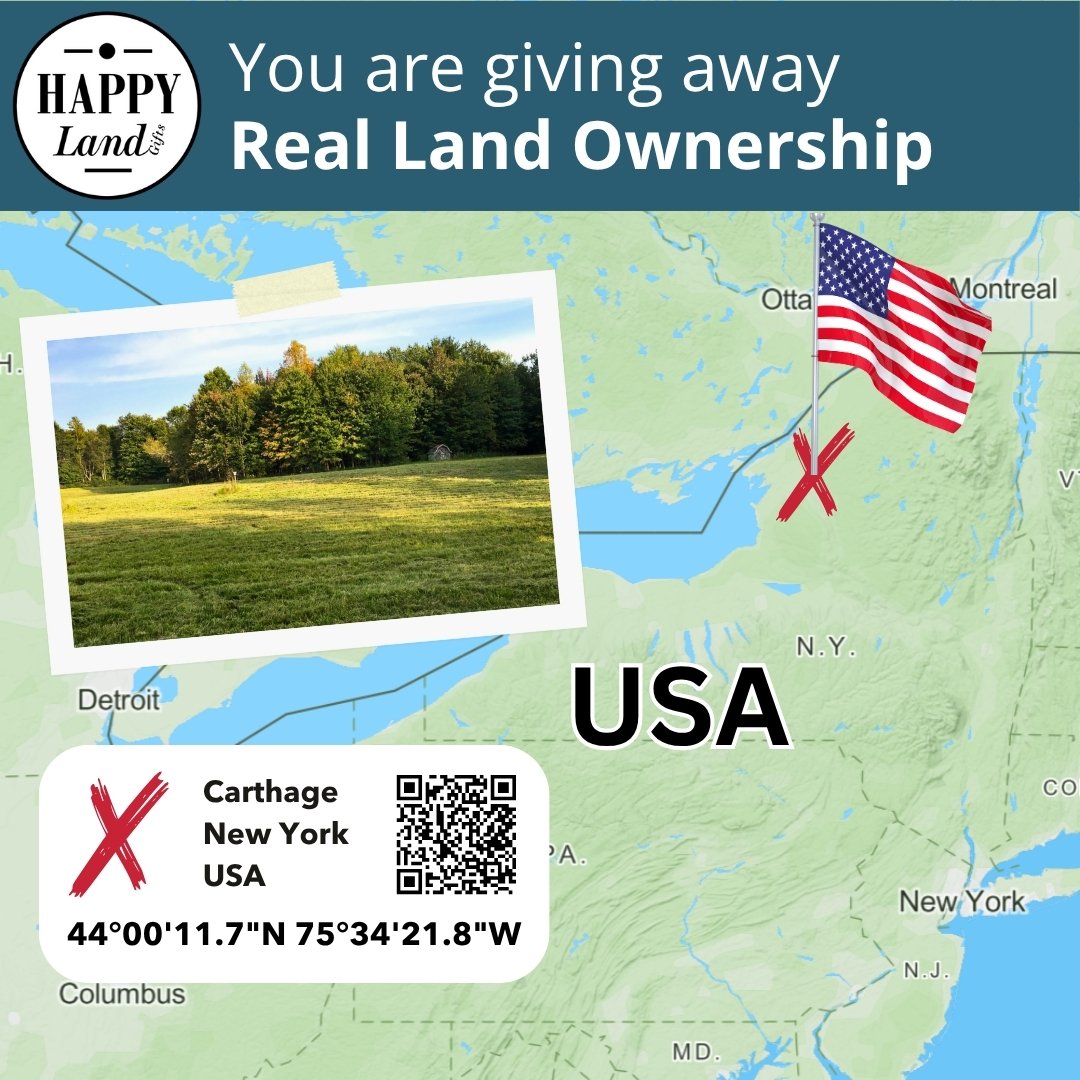 Map highlighting Carthage, New York with a red X marker, American flag, and inset photo of a grassy field and trees.