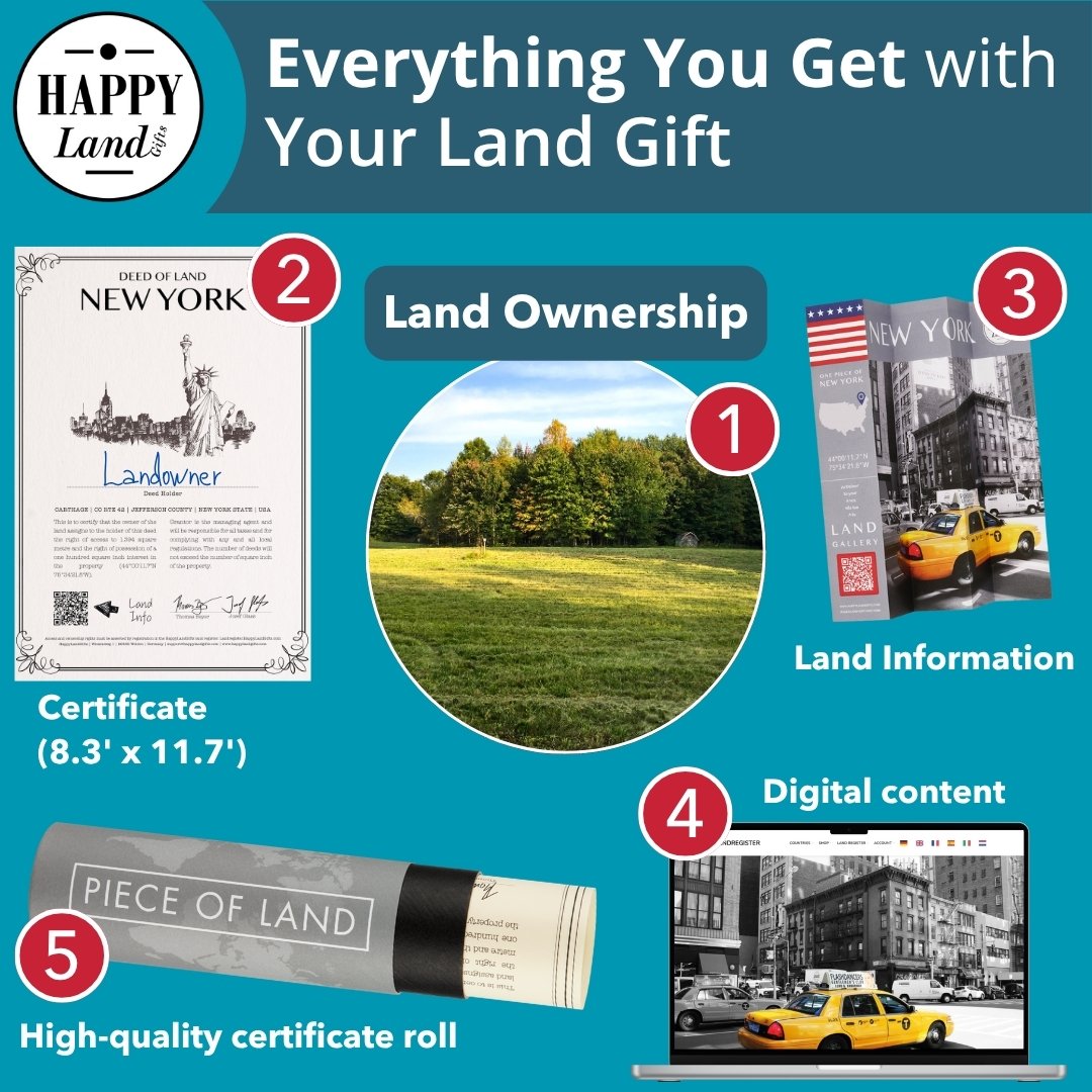 Personalized New York land ownership certificate, scenic land photo, vintage NYC taxi and skyline images, high-quality.