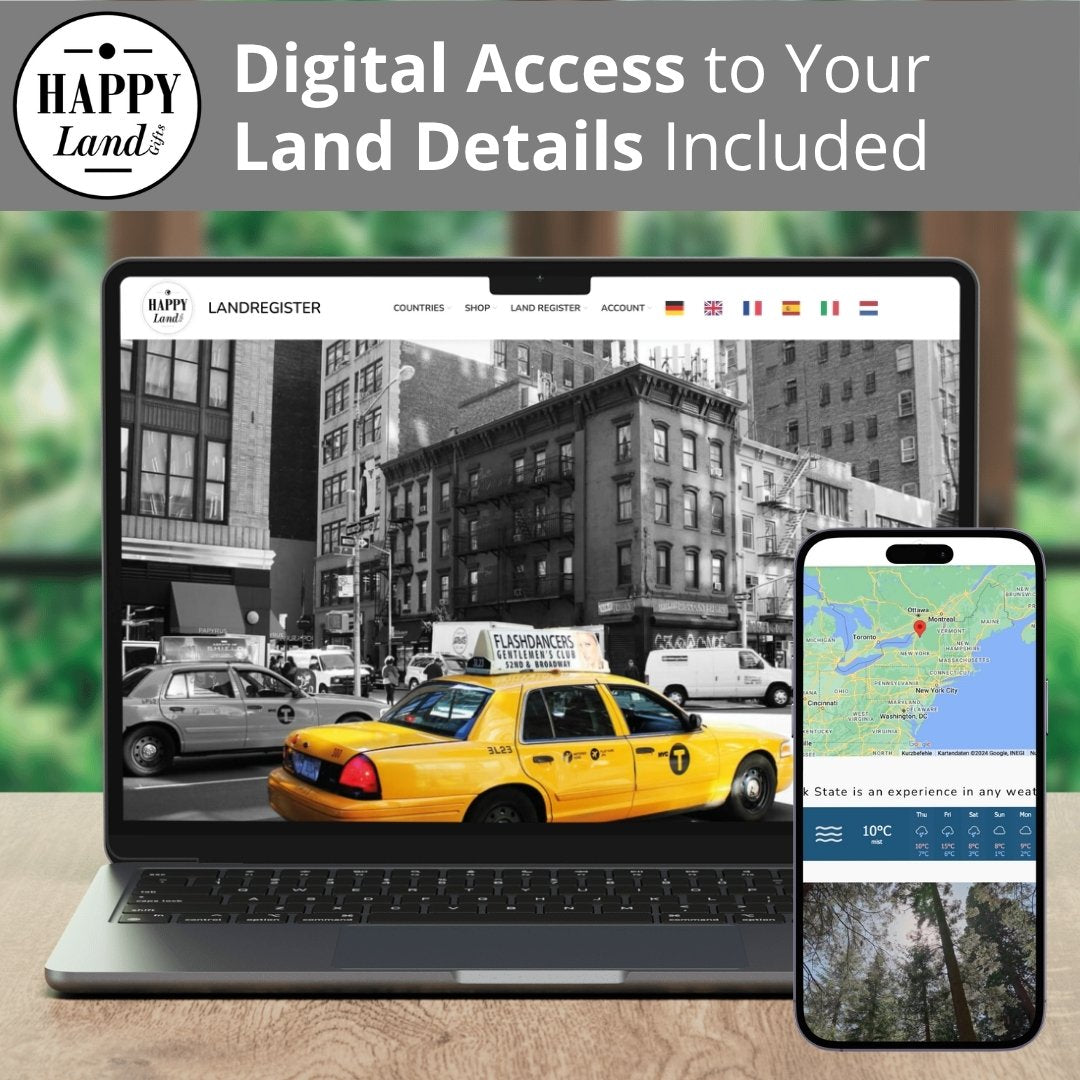 Laptop and smartphone displaying black-and-white New York street scene with yellow taxi and location map on mobile screen.