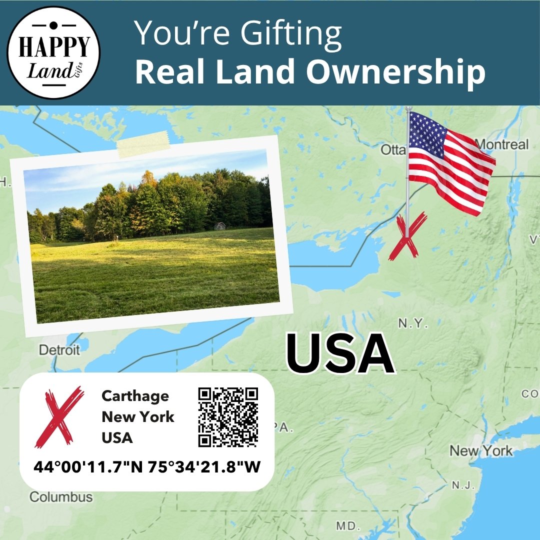 Map of New York area marked with red X and US flag, inset photo of green grassy field with trees.
