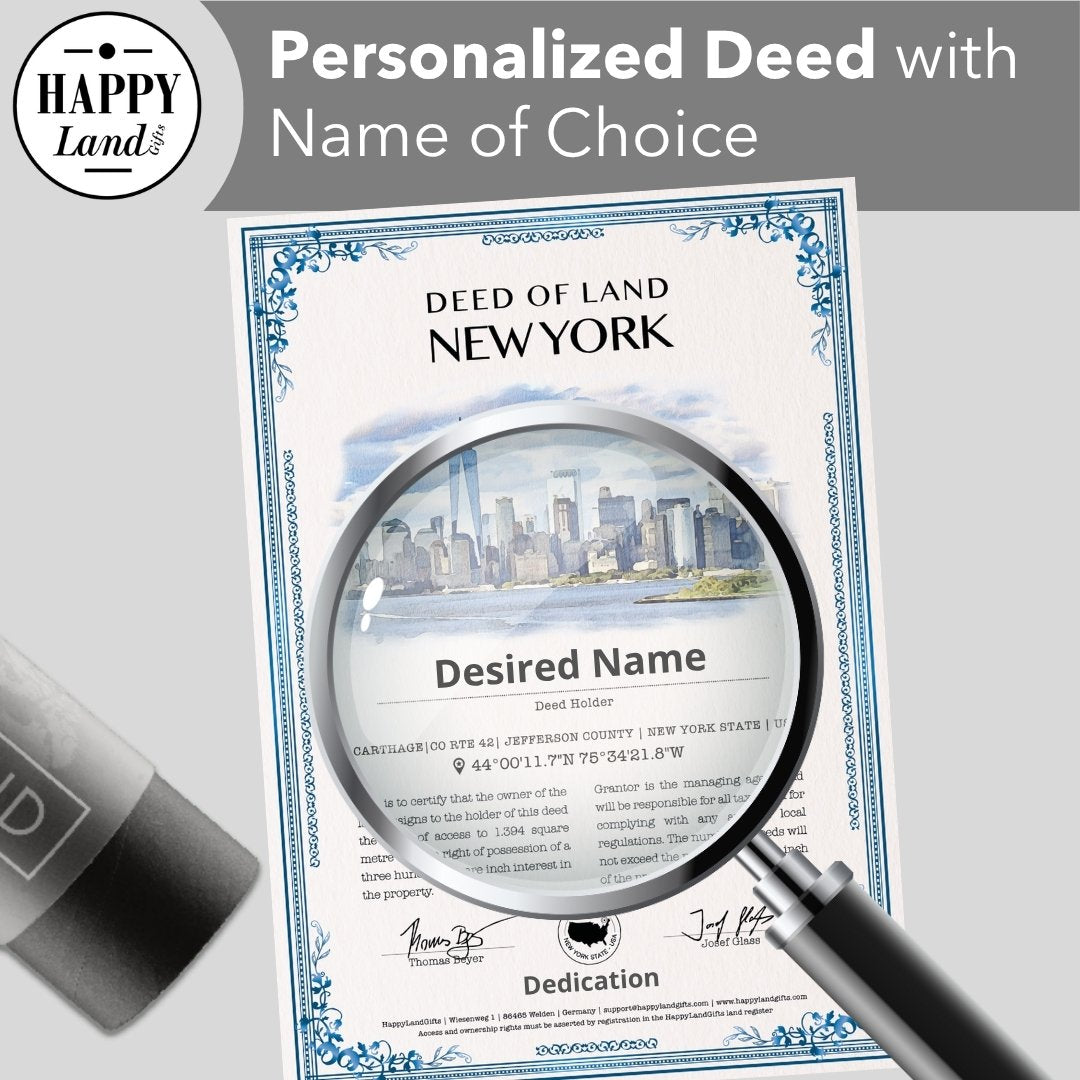 Personalized New York land deed with skyline illustration and customizable name under magnifying glass.