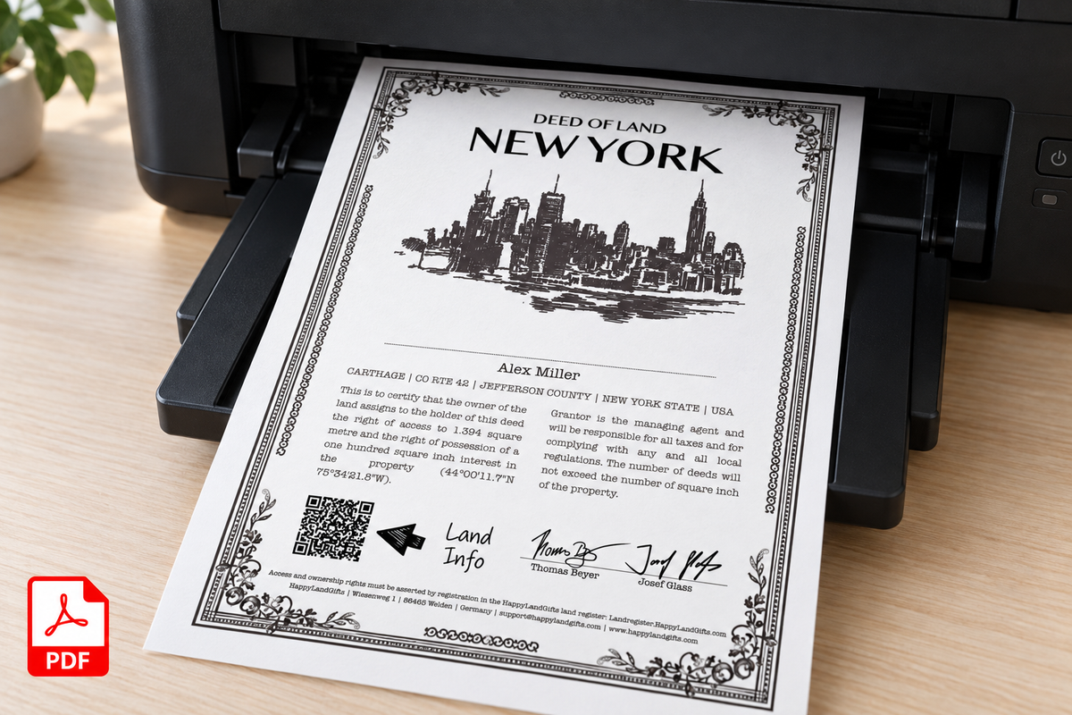 Printer on light oak with a black-and-white New York certificate in its output tray and a PDF symbol
