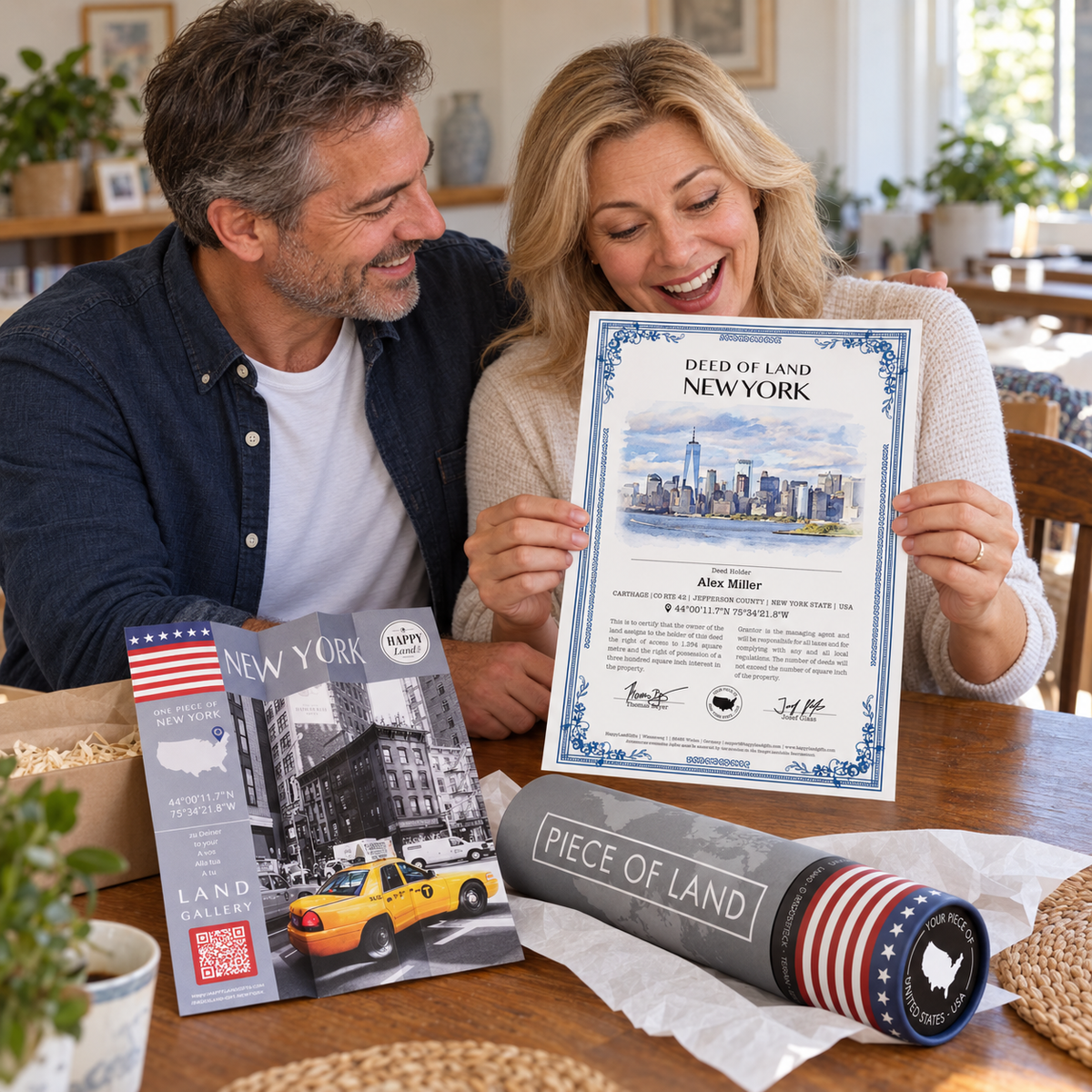 Two people enjoy a New York land gift with a personalised certificate and USA gift tube
