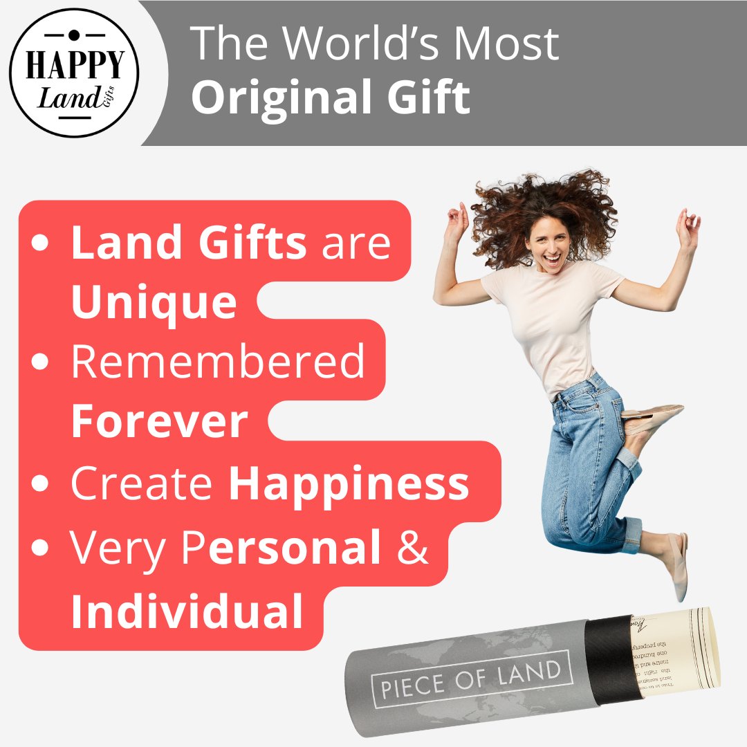 Gift tube labeled "Piece of Land" beside a smiling woman jumping, with text highlighting unique, personal land gifts.