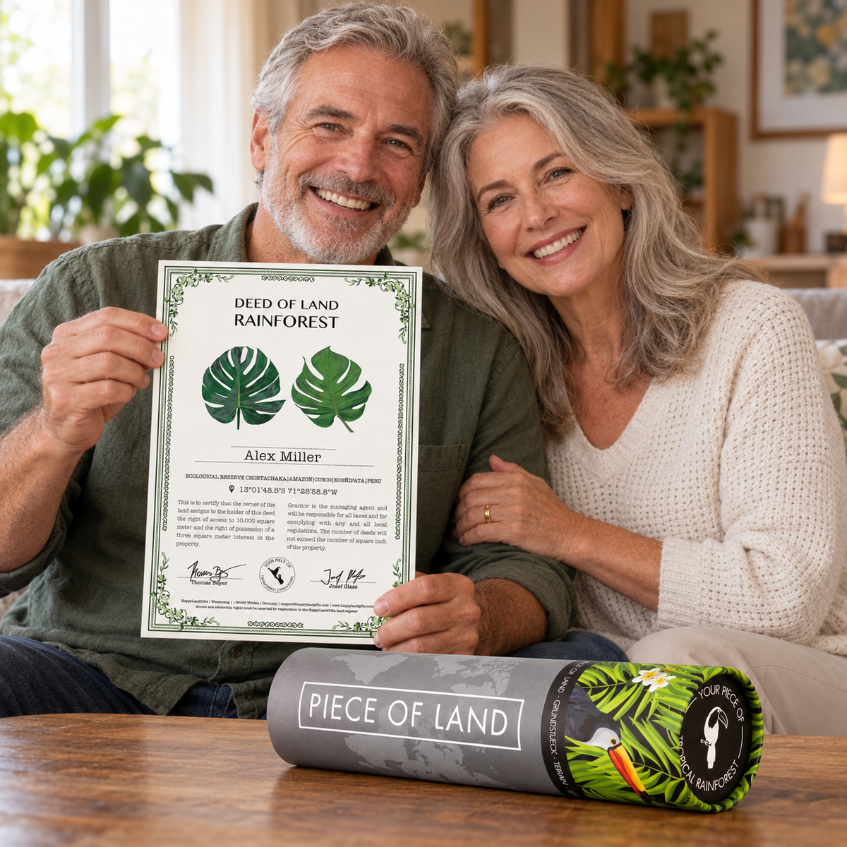 Two people enjoy a Peruvian rainforest land gift with a personalised certificate and matching gift tube