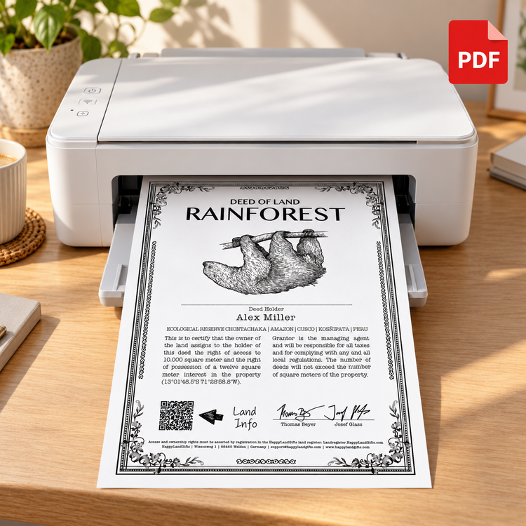 Peruvian rainforest land gift · PDF certificate to print at home