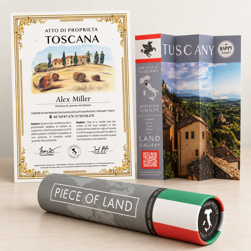 Tuscany Premium gift with a color certificate, land information and a gift tube.