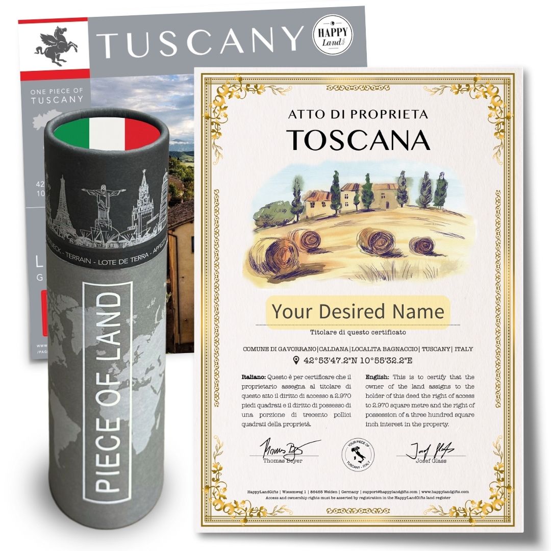 Cylindrical black holder with Italian flag colors and "Piece of Land" text, next to ornate certificate titled Toscana with.