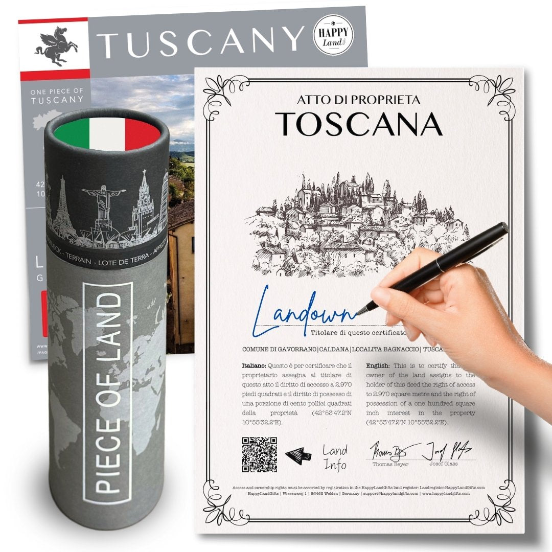 Cylinder container with Italian flag colors labeled "Piece of Land" next to a hand signing a detailed Tuscany land ownership .