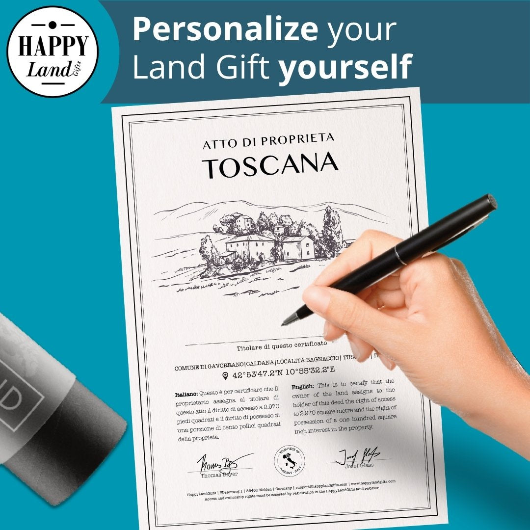 Personalized Toscana land deed with vineyard illustration hand-signed with black pen and black tube holder on side.