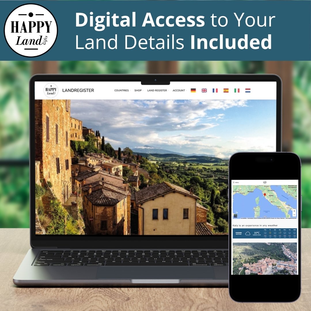 Laptop and smartphone displaying Tuscany landscape and map with digital land details access banner.