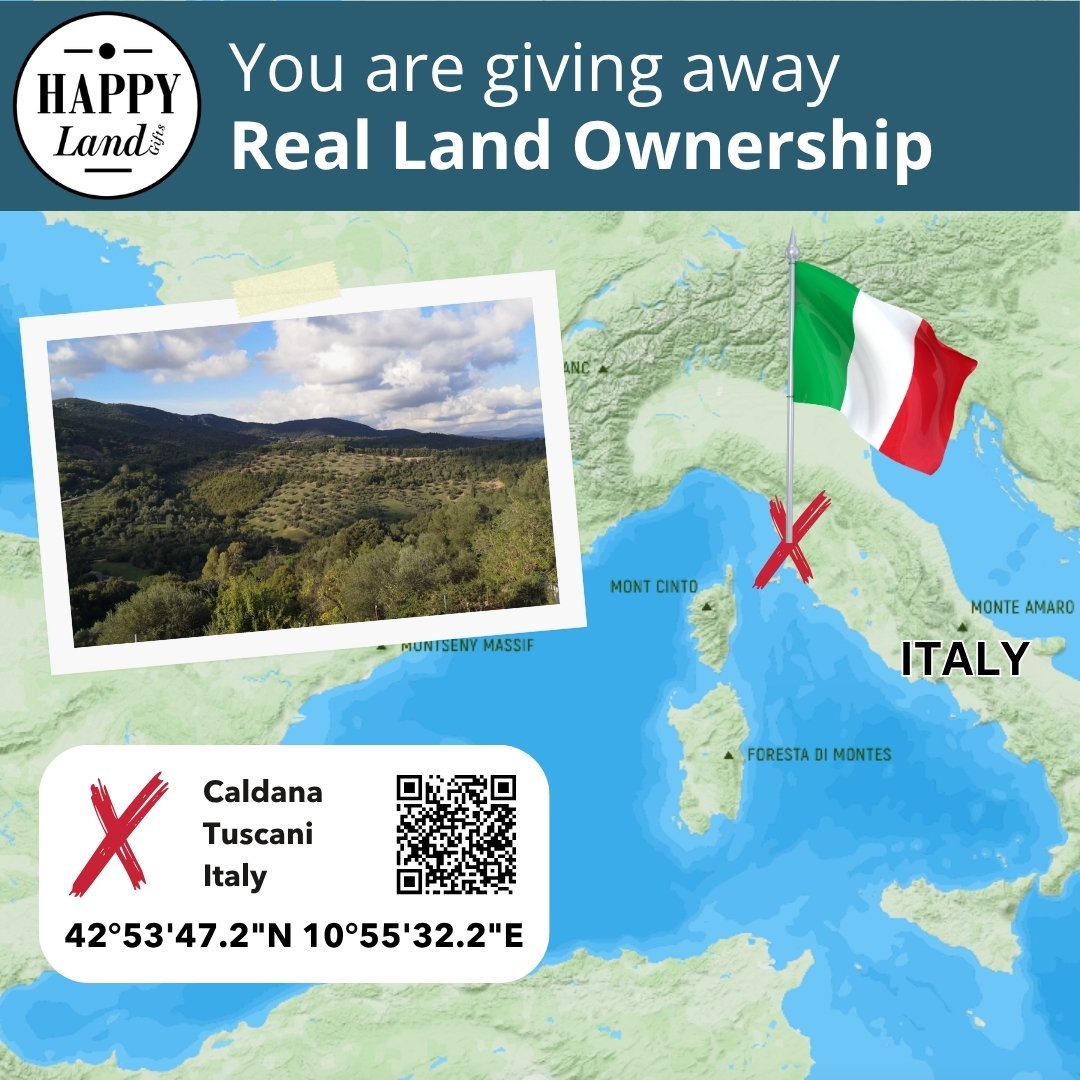 Map of Italy showing location of Caldana Tuscany with red X, Italian flag, and landscape photo.