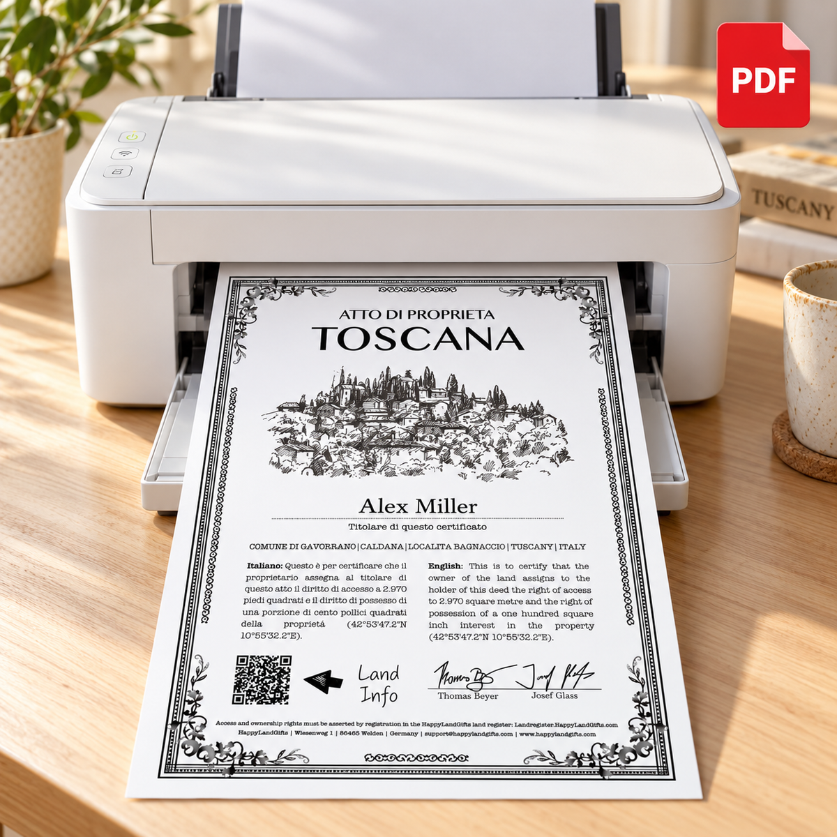 HappyLandGifts – Piece of Land Tuscany Digital: persönliches Geschenk mit einem Stück Toskana und Urkunde zum Selbstausdrucken am Drucker / personalized gift with a piece of land and printable certificate