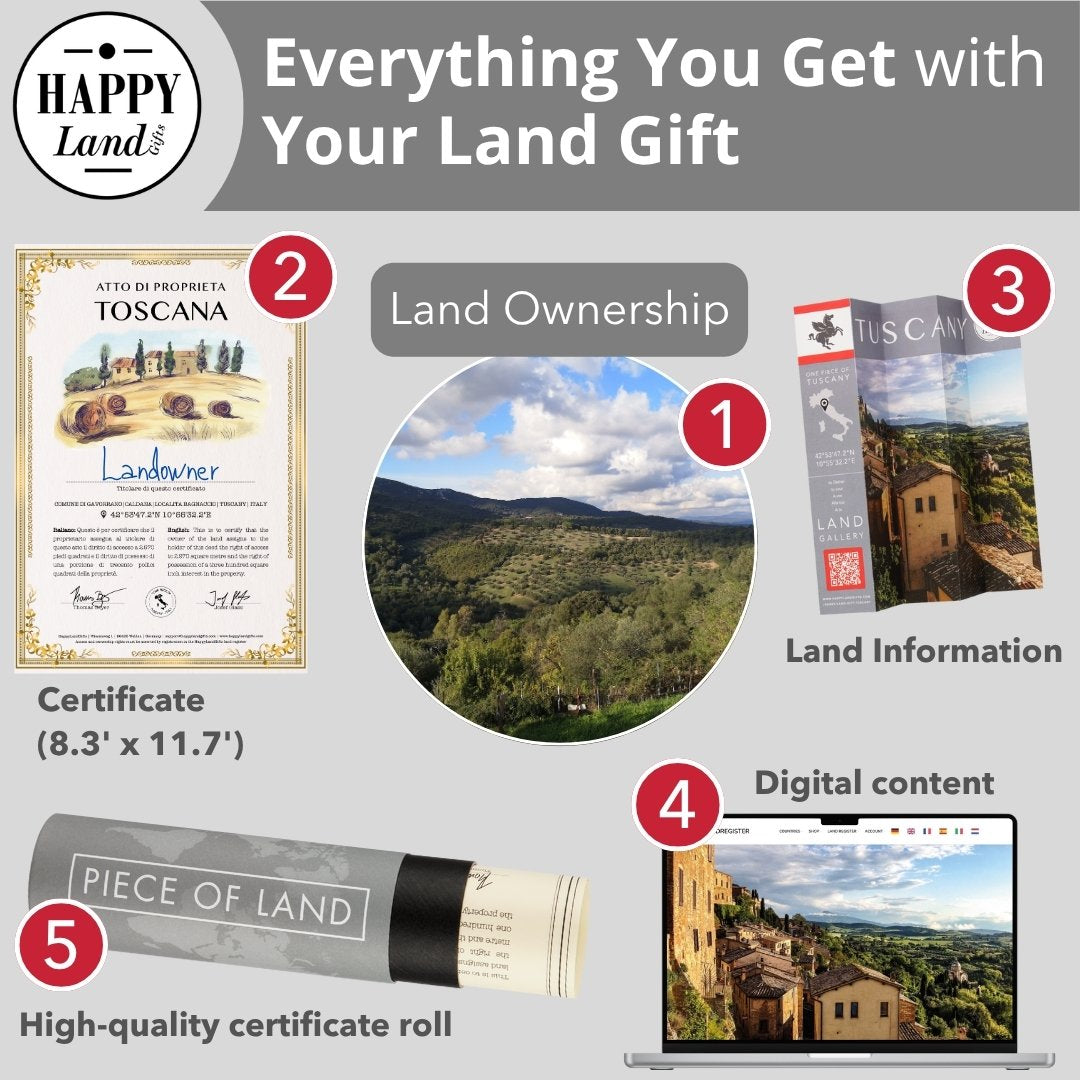 Certificate, circular landscape photo of Tuscany hills, two informational booklets, digital content on laptop, certificate.