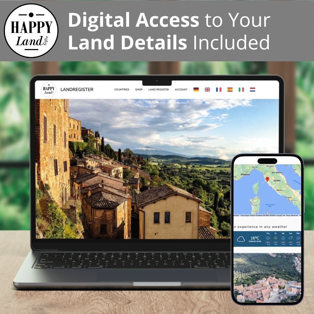 Laptop and smartphone displaying scenic Tuscany landscape and map interface with digital land details access icons.