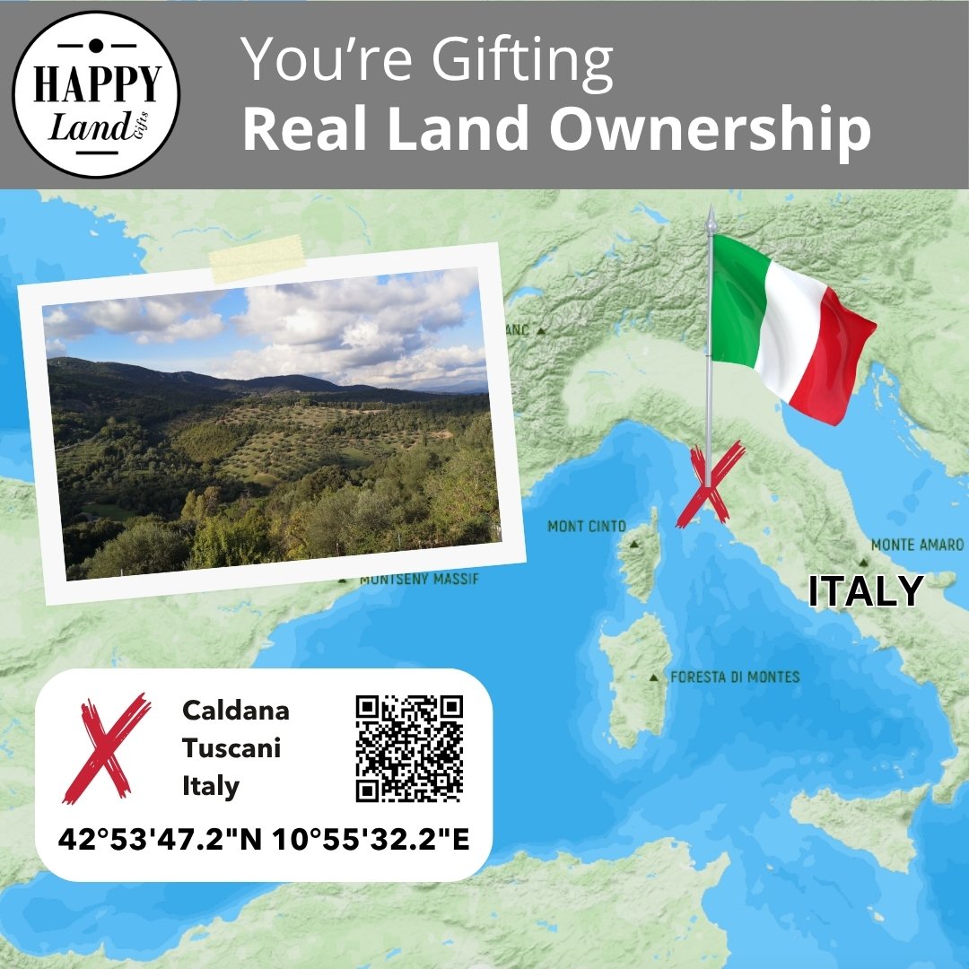 Map of Italy highlighting Tuscany with a red X mark, Italian flag, and photo of Tuscan landscape.