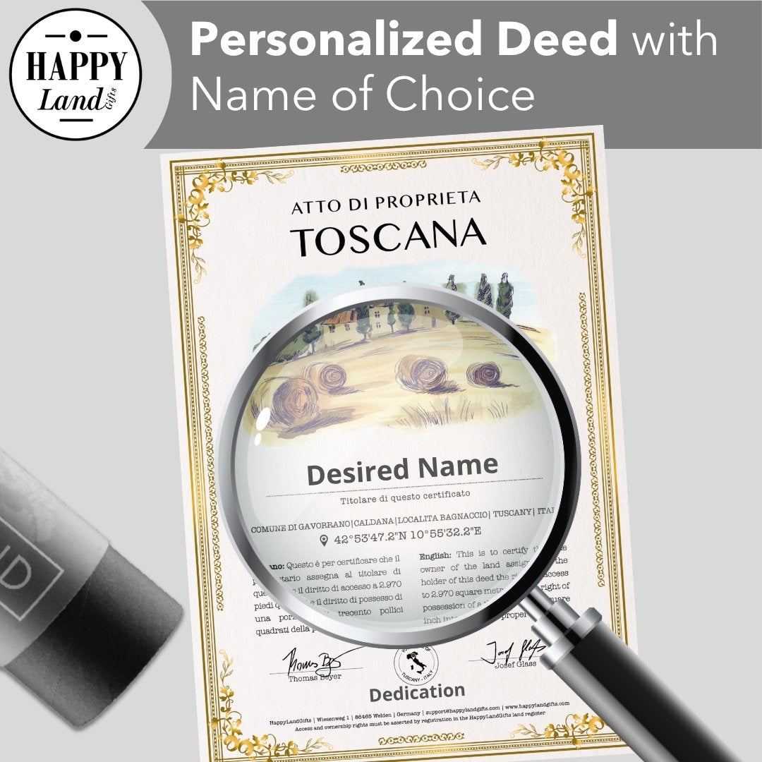 Personalized Tuscan deed with decorative gold border and magnifying glass highlighting vineyard illustration.