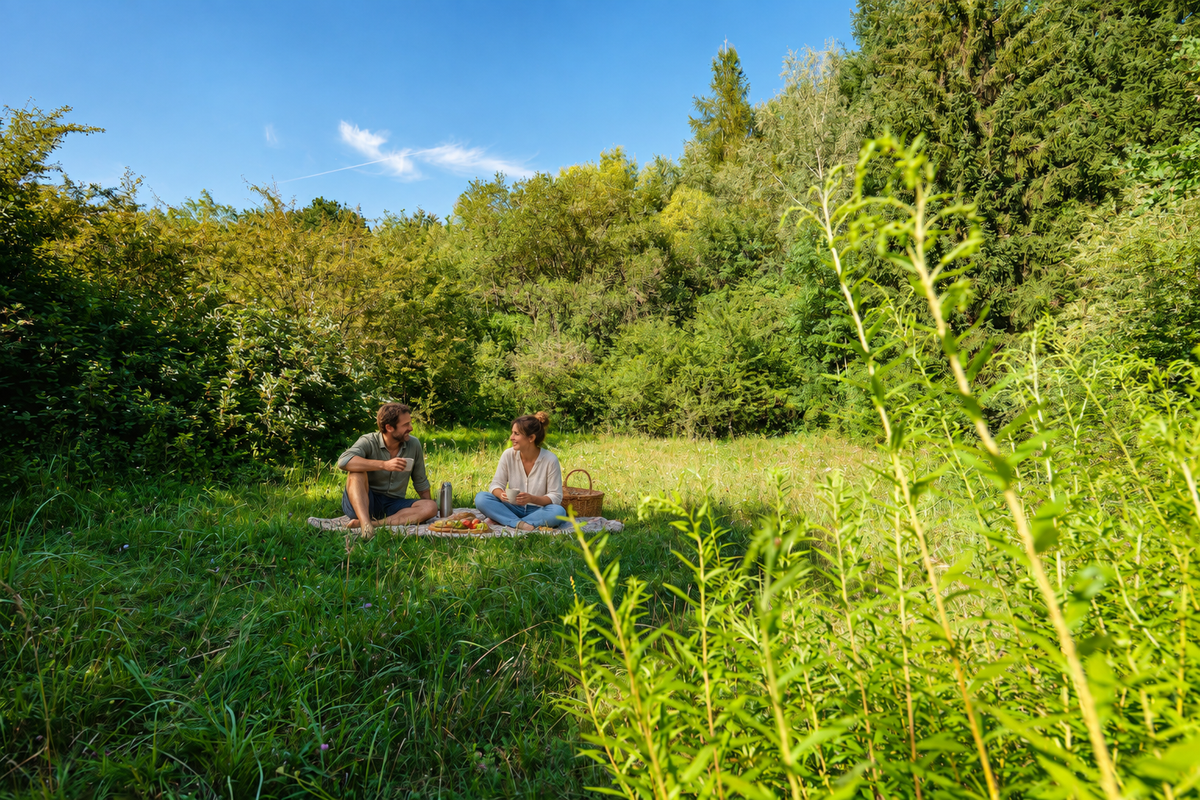 Two people enjoying a picnic on the HappyLand property in Bavaria